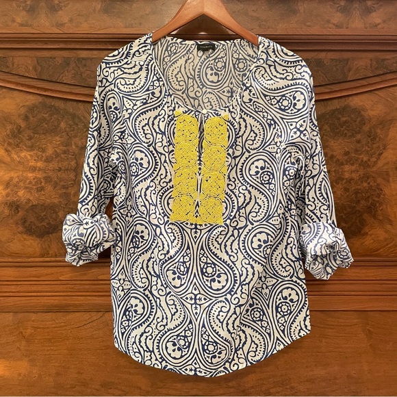 Talbots Blue Yellow White Beaded V-neck Tunic Top Size M Adjustable Sleeve - Picture 9 of 17